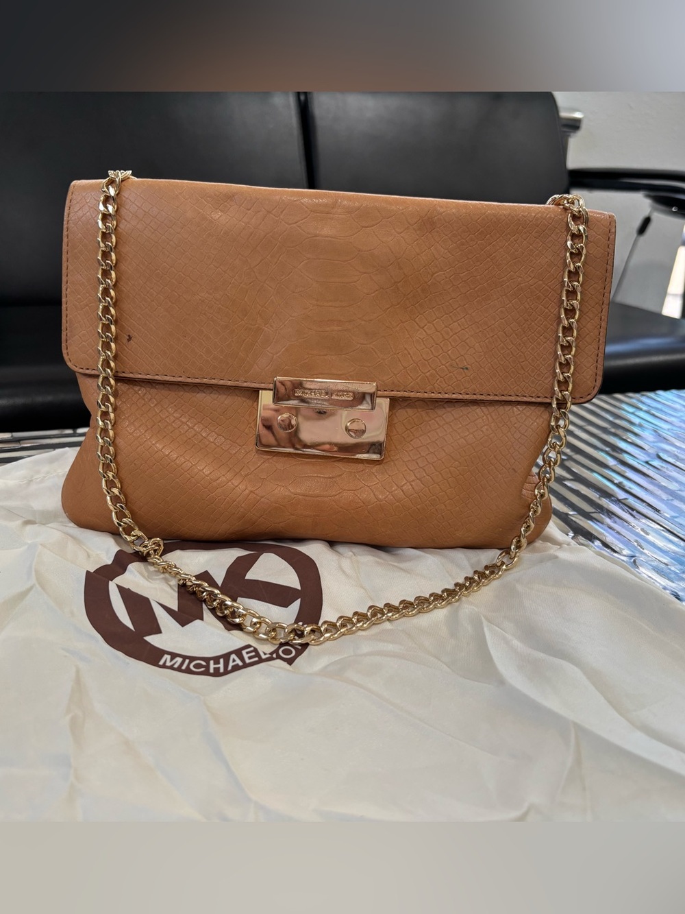 Authentic Michael Kors Cognac Textured Leather Shoulder Bag with Gold Chain